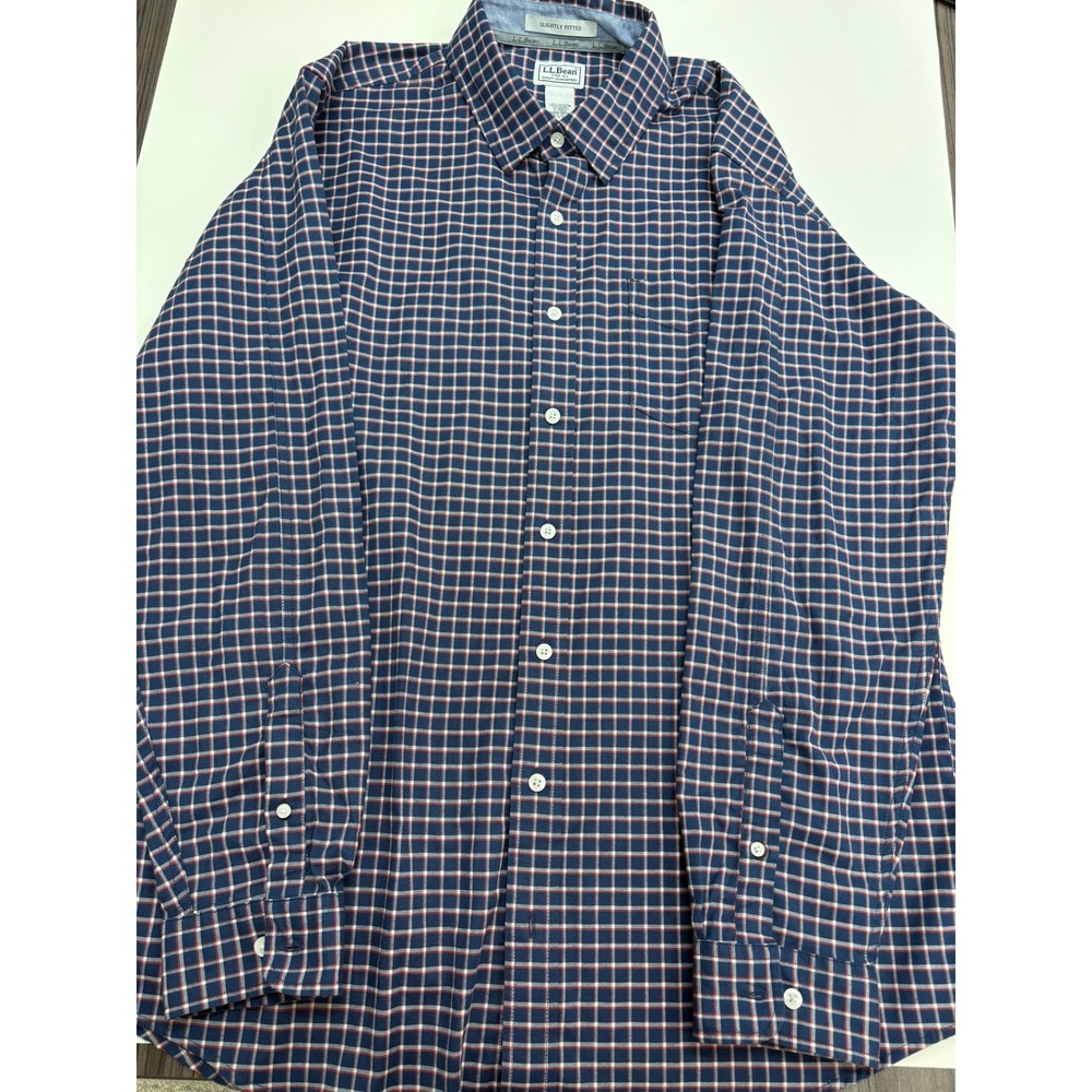 LL Bean Slightly Fitted Plaid Button Down Shirt Men's L Tall Blue Red